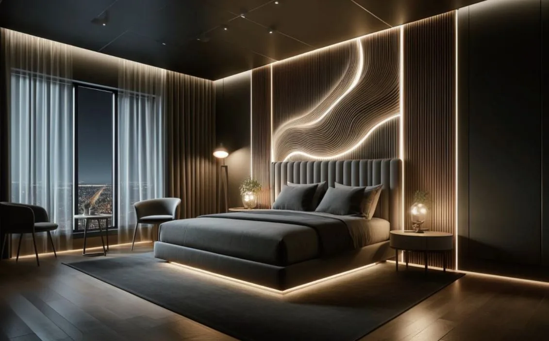 洗練されたモダンなベッドルーム。ヘッドボード側の壁には垂直のルーバーデザインと、その上を走る曲線状の間接照明が施されています。ベッドフレームの足元にも照明があり、浮遊感を演出しています。床から天井までの大きな窓からは夜景が見え、室内は落ち着いたグレーと温かみのある光で構成されています。